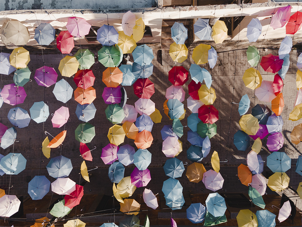 Colorful umbrella art installation in the streets of Todos Santos